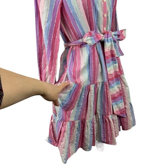 J. Crew Belted Button-up Dress in Pastel Stripe Rainbow Pink Purple SZ XS AP188 - Picture 6 of 16